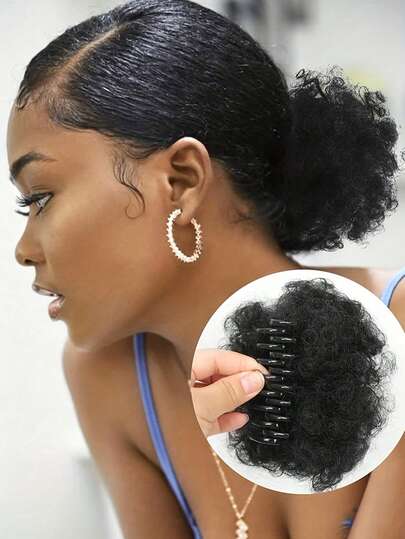 Tóc giả kiểu Afro phồng rối, đuôi ngựa xoăn, kẹp cài, thích hợp cho sử dụng hàng ngày và dự tiệc.