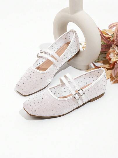 Korean Style Commuting Ballet Flats, Soft Sole Solid Color Elegant Preppy College Party Bohemian Mori Girl Punk Cute Party Outdoor Chinese Style Luxurious Lolita New Chinese Style Western Style Street Style Western Wedding Chinese Wedding Buckle Hollow Commuting Essential Square Toe Double Strap Breathable White Flat Shoes, Soft Sole Comfortable Office Shoes, Wedding Festival Party Office Outdoor Spring Summer New Women Shoes