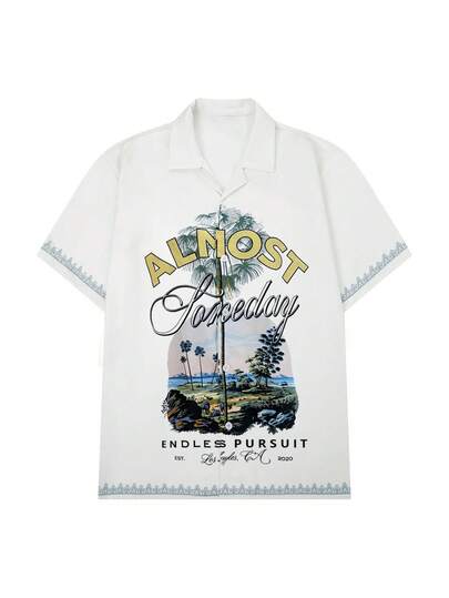 男士海岸风棕榈树印花衬衫，复古热带椰子图案宽松露营领沙滩衬衫，透气夏季度假装