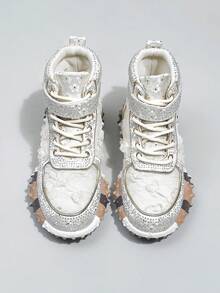 Women's Rhinestone Flower Lace Platform Low-Top Sneakers | Sparkling Embellished Thick-Sole Casual Shoes - trắng - Xem 2