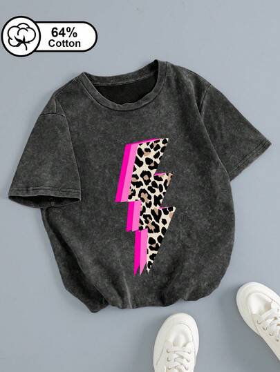 Women's Retro Short-Sleeved T-Shirt Features A Cartoon Pink Leopard Print Lightning Bolt Pattern. It's A Casual Short-Sleeved Crew Neck T-Shirt, Perfect For Everyday Wear At Home. The Washed Finish Gives It A Premium Feel.