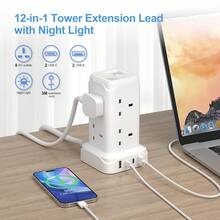 20W USB-C 快速充电器，带 4 个 USB 端口、8 位插座防浪涌延长线、夜灯和 USB 充电功能 - 英規插(220-240V) - 查看 2