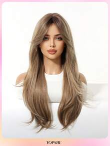 TOPSHE 24英寸摩卡棕色多层自然波浪中分合成耐热假发，适合度假、旅行、化装舞会、节日、日常佩戴、音乐节、婚礼、节日礼物 - 摩卡棕 - 查看 3