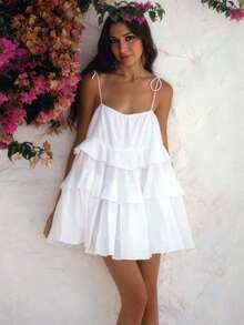 Damen Sommer halb-transparentes quadratisches Ausschnitt Urlaubs-Stil sexy Rüschen-Saum Spaghettiträger Kuchen Kleid, rückenfreies ärmelloses locker sitzendes Mini-Kleid, Sommer Outfits, Konzert Outfit für Frauen, Rave Outfits Festival, Urlaubs Outfits für Frauen Party Elegant Weiß - Weiss - Übersicht 9