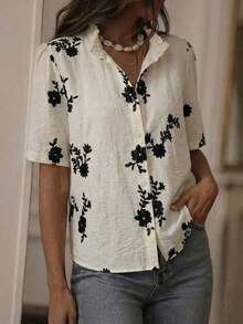 Dam vår/sommar ny färgblocksblus med broderi, texturerat tyg, volangkrage, kortärmad, knäppt, avslappnad, elegant, mångsidig - Aprikos - Visa 3