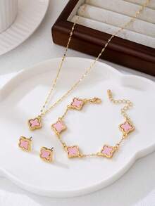 3pcs/Set Elegant Luxury Minimalist Cute Gold Clover Pendant Necklace, Bracelet, Earrings Jewelry Set, Suitable For Girlfriend, Wedding, Graduation, Date Gift - 1 Set Of Four-leaf Clover - View 4