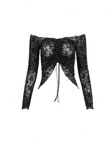 Devil fashion Blusa de encaje con hombros descubiertos y cordón, camiseta interior transparente de manga larga con estampado de cruz y rosa en estilo gótico - Negro - Ver 17