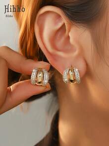 Hihho 一对多层耳环，镶嵌立方氧化锆，时尚光滑金属耳环，质感丰富，光泽亮丽，优雅女士耳环，适合日常佩戴和约会。 - 耳飾 - 查看 5