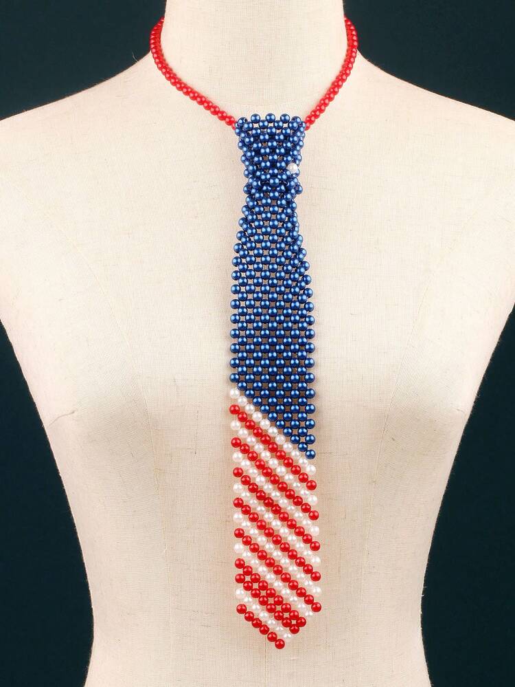 美国国旗串珠领带项链，红白蓝仿珍珠，7月4日主题首饰，派对配饰 - 彩色 - 查看 7