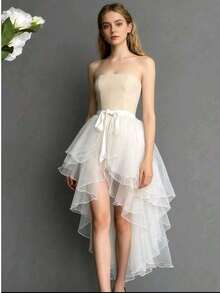 一件式女士不规则下摆连衣裙，可选颜色：白色、黑色、红色、粉色、浅蓝色、香槟色，不对称设计，前短后长燕尾，不规则美人鱼款式，多层薄纱裙摆，飘逸演出服，3-6层瑞士网纱长裙，一体式围裙，荷叶边拖地裙摆，适合婚礼、宴会、演出、派对、新娘、伴娘、舞台表演、角色扮演、旅行摄影道具、舞蹈表演、万圣节服装等场合。 - 彩色 - 查看 8