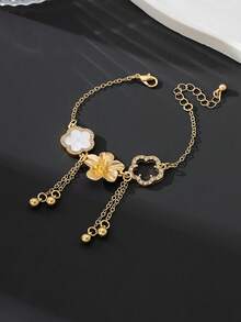 1件 时尚新款甜美精致夏日度假风金色纹理五瓣花幸运闪亮四叶草吊坠女手链 - 彩色 - 查看 3