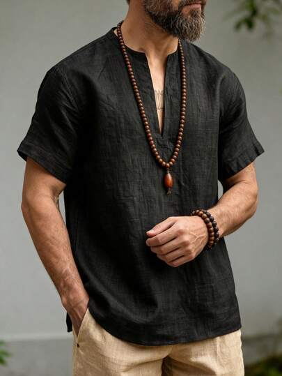 Ropa tradicional de manga corta con cuello en V profundo, de unicolor, transpirable y semitransparente para hombres en verano