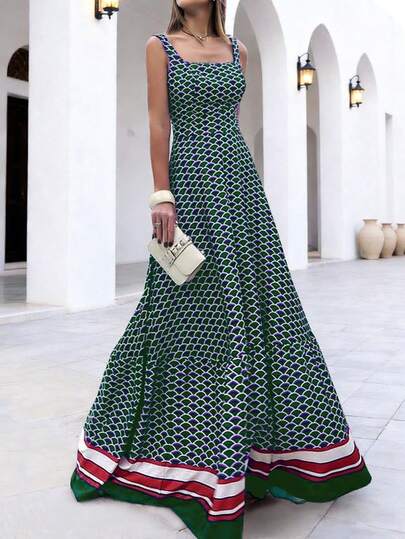 Đầm maxi dáng chữ A không tay, in họa tiết vảy cá, phong cách thường ngày, thanh lịch dành cho nữ, thích hợp cho kỳ nghỉ hè.