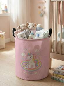1 件大容量可折叠圆形储物篮带手柄，卡通小马印花，多功能储物箱，适用于育儿室、婴儿尿布、衣服、玩具和配件 - 彩色 - 查看 11