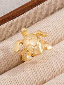 1pc Ocean Style Sea Turtle & Starfish Fashion Open Ring, Beach Vacation Single Ring - Gold - View 5