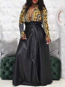 Plus Size Women's Elegant Faux Leather Skirt - Fashionable Solid Color Asymmetric Waist Design A-Line Skirt With Belt, Stylish For Work And Everyday Wear, Suitable For All Seasons Black Spring - Black - View 3