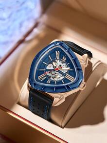 LONGLUX 1pc Men's Automatic Mechanical Watch, Blue & Gold Contrast Hollow Dial, Dual-Layer Leather Strap, Personalized Wristwatch For Daily Wear - Multicolor - View 2