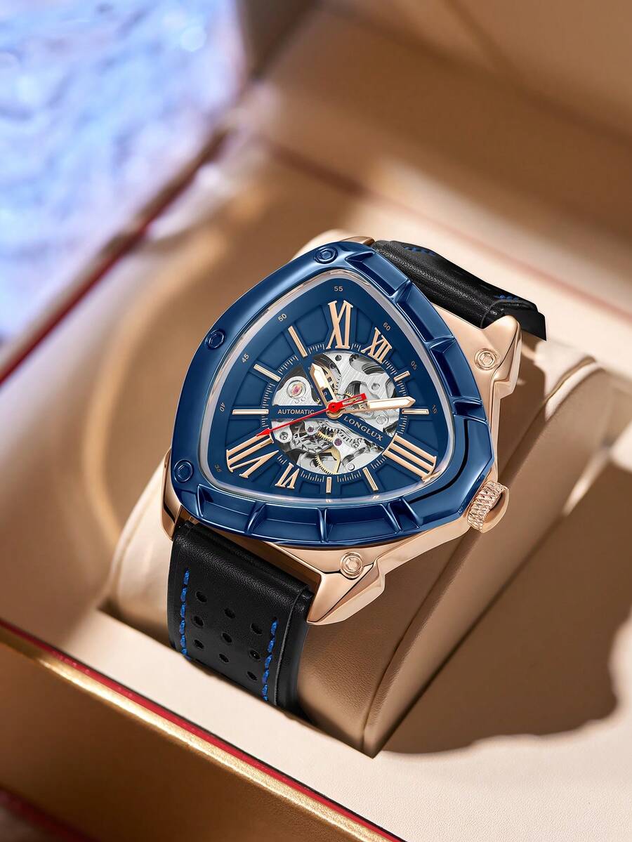 LONGLUX 1pc Men's Automatic Mechanical Watch, Blue & Gold Contrast Hollow Dial, Dual-Layer Leather Strap, Personalized Wristwatch For Daily Wear