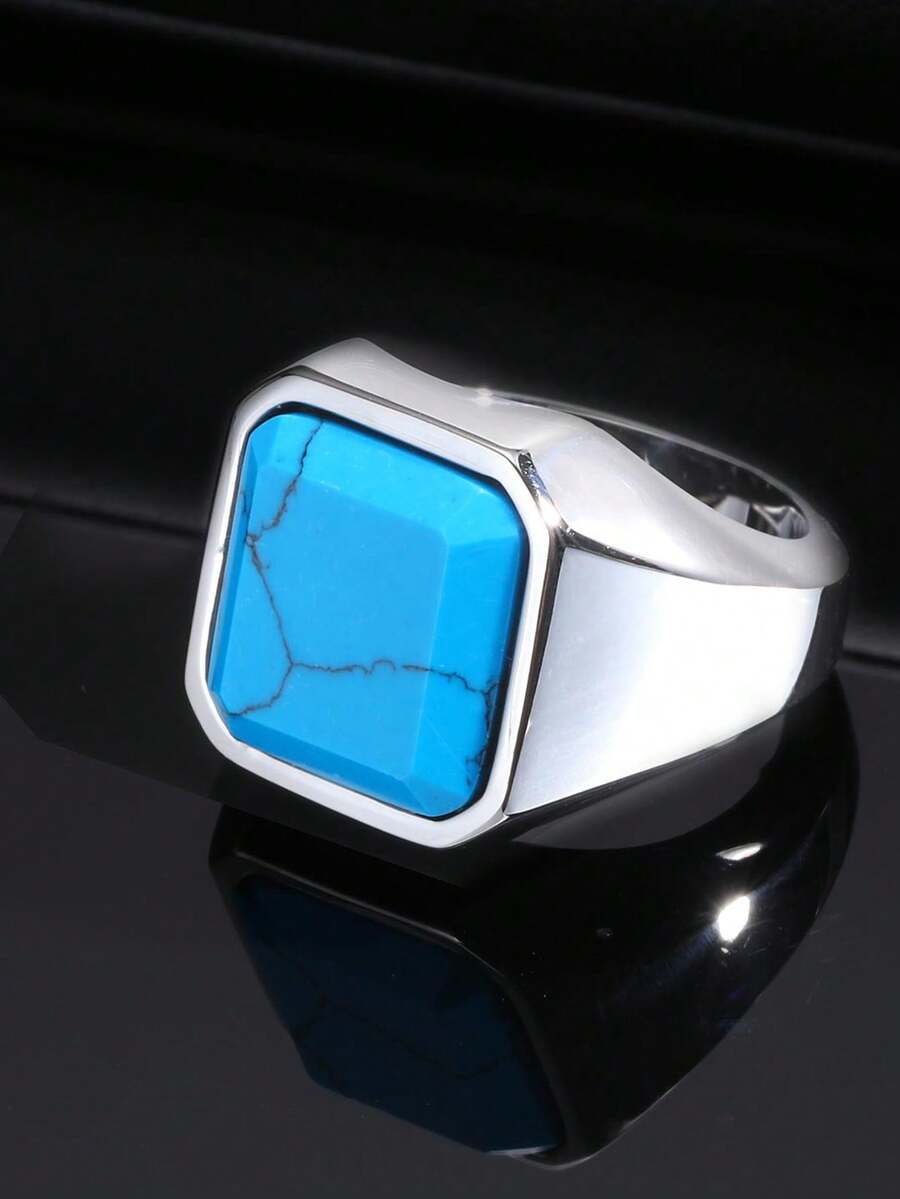 1pc Minimalist Stainless Steel Turquoise Gemstone Ring, Men's Jewelry - Multicolor - View 1