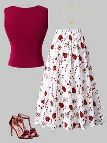 Bộ 2 món gồm áo ba lỗ dệt kim và chân váy ngắn in họa tiết dành cho tuổi teen, mùa xuân/hè. - Đỏ và trắng - Xem 2
