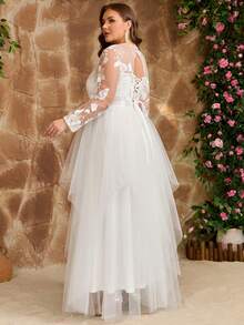 女士大码优雅纯色拼接成熟派对网纱贴花婚纱，适合新娘送礼会、婚礼、订婚早午餐、蜜月招待会、彩排晚宴、舞会、正式晚宴等场合，春夏秋冬皆宜。 - 白色 - 查看 3