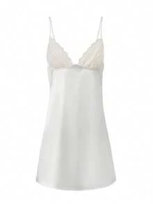 Women Patchwork Lace Cami Dress Spaghetti Strap Slim Deep V Neck Open Back Mini Dresses - White - View 7