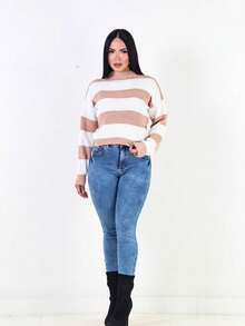 Women's Striped High Neck Knit Sweater, Winter Blouse - 米色 - 查看 4