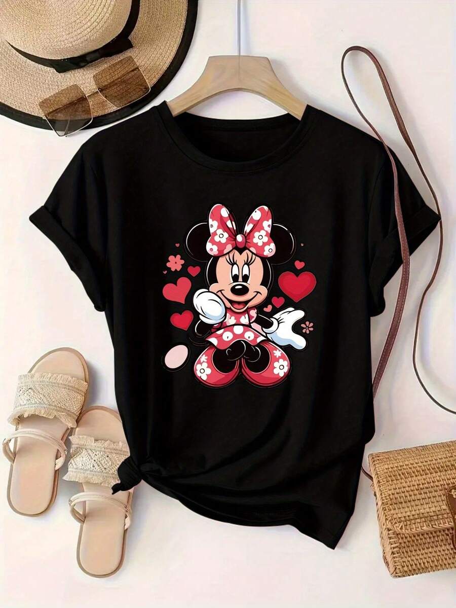 Disney Women'S T-Shirt, Short-Sleeve Top For, Featuring A Beautiful Anime Print, Suitable For All Seasons - Black - View 1