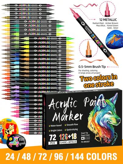 24/48/72/96/144 Colors Dual Tip Acrylic Marker Pen Set, Washable Markers For Students DIY Painting On Paper, Glass, Pebble, Metal, Plastic, Wood, Egg, Ceramic, Textile