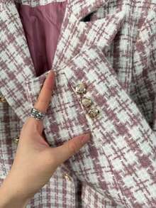 Women's Checkered Tweed Blazer, Casual Elegant Checkered Pattern With Buttons On The Front. - 淺粉色 - 查看 5