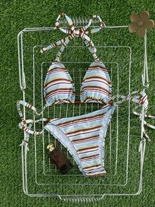 Model Bikini Segitiga dengan Tali Bahu Tipis dan Pita, Motif Garis-garis Kontras Warna, Gaya Eropa dan Amerika untuk Wanita, Cocok untuk Liburan Pantai dan Musim Panas. - Baby Blue - View 6
