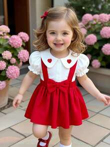 女婴可爱领心形图案泡泡袖荷叶边下摆纽扣衬衫配蝴蝶结肩带A字连衣裙两件套，时尚百搭，适合日常、派对、外出、春夏穿着。 - 彩色 - 查看 3