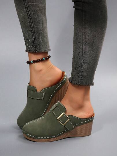 Women's Spring New Round Toe Thick Sole Comfortable Slip-On Casual Fashion Wedge Mules