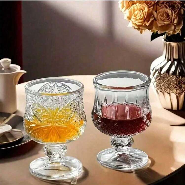 2pcs Vintage Embossed Mini Glass Stemware, 50ml Small Whiskey Glasses, Creative Small Dessert Cups For Home Tea Time, Gatherings, Outdoor Use, Yogurt Cups - Clear - View 5