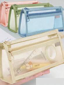 1个新款网状双层铅笔盒，高品质简约大容量帆布铅笔袋，耐用易清洁化妆品收纳袋，适合返校、学生礼物、家庭和生日礼物 - 多色 - 查看 1