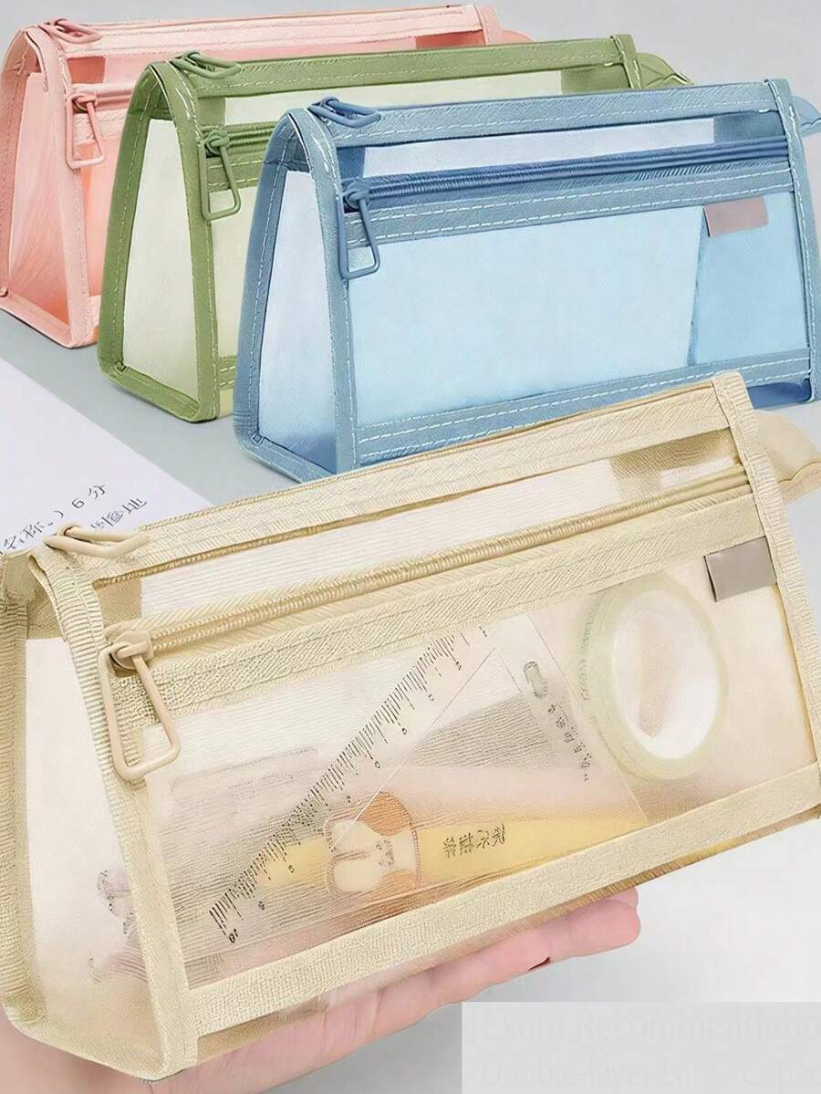 1个新款网状双层铅笔盒，高品质简约大容量帆布铅笔袋，耐用易清洁化妆品收纳袋，适合返校、学生礼物、家庭和生日礼物 - 多色 - 查看 1