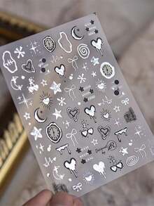 1张朋克风3D立体浮雕美甲贴纸 - 星空与爱心图案，包含星星、月亮、爱心 - 自粘聚氨酯贴纸，适合DIY美甲 - 銀色 - 查看 8