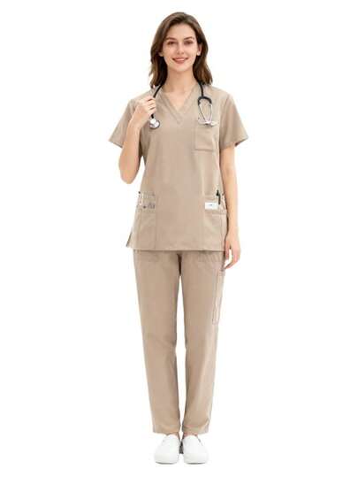 New Simple Nursing Uniform - No-Frills M-Edical Scrubs Set For Everyday Healthcare Duties Deep V Neck Scrub Set Non-Stretch Fabric With Pockets Ideal Uniform