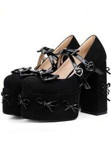 Sweet Platform Pumps Gothic Chunky Heel Shoes Bow Decor Ankle Strap Heart Buckle Y2K Fashion Footwear Festival Daily Wear Thick Sole Party Shoes - 黑色 - 查看 5