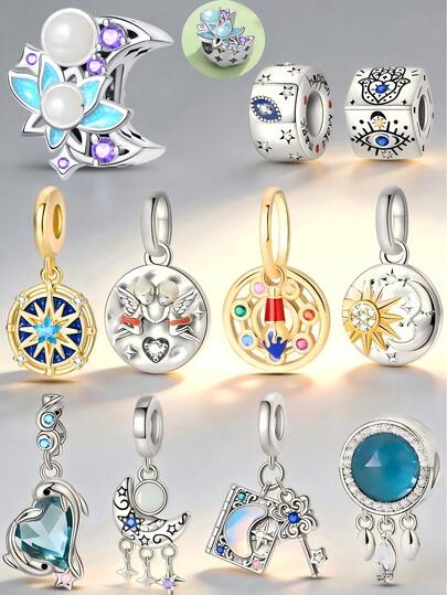 Plated With 925 Silver Gold, Silver, And Inlaid With Colored Zirconia Diamonds Ramadan And Mother's Day DIY Jewelry Pendants, Evil Eye, Moon, Star, Hamsa Hand, Angel, Heart-Shaped Beads For DIY Women's Original Jewelry Making