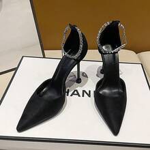 Zapatos de tacón para mujer Zapatos de salón negros de tacón alto, estilo francés, con punta afilada, adornos de cadena y tiras con pedrería, que presentan una silueta sofisticada y elegante. - Negro - Ver 3