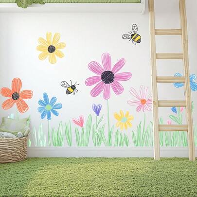 1 件手绘彩色花卉蜜蜂踢脚线墙贴，自粘可移除防水楼梯间装饰