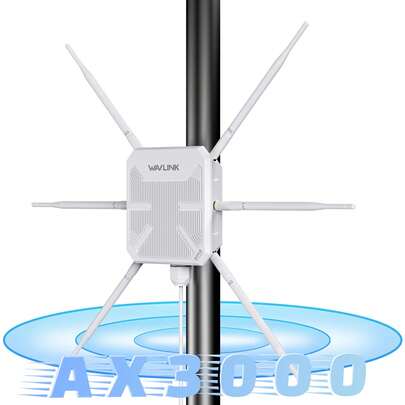 Extensor/punto de acceso WiFi 6 para exteriores, amplificador de señal inalámbrica de banda dual AX3000 de 3.0Gbps, 6 antenas de alta ganancia de 7dBi, protección contra descargas electrostáticas de 15kV, cobertura de largo alcance de hasta 300m/984ft, alimentado por PoE, modos Mesh/AP/Router/Repetidor para 256+ dispositivos, ideal para patio, jardín, almacén, el mejor repetidor WiFi para exteriores