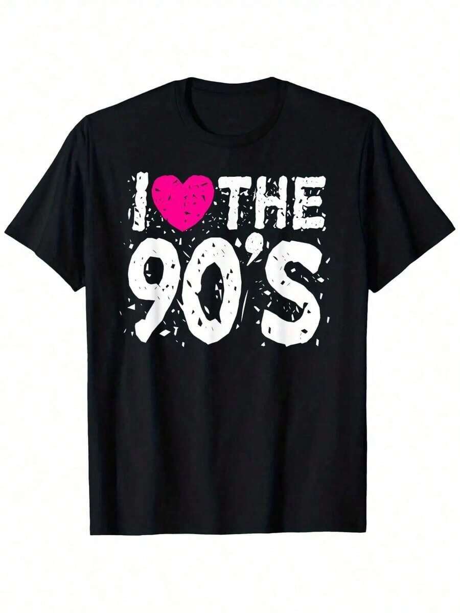Camiseta Retro Gráfica para Hombre "I Love The 90s" - 100% Algodón, Diseño Vintage con Letras Desgastadas y Corazón Rosa, Ligeramente Elástica, Corte Regular, Camiseta Casual de Verano para Fiestas de Nostalgia de los 90 (Tallas S-XXXL), Ropa de Nostalgia de los 90 |   Estilo Vintage |   Camiseta Lavable a Máquina, Camiseta Vintage - Negro - Ver 1