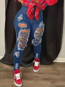 Ripped Skinny Jeans For Daily Wear Casual Spring - Medium Wash - View 4