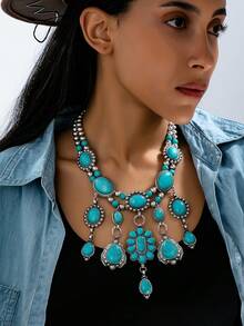 1pc Bohemian Vintage Western Style Exaggerated Geometric Oval Tassel Pendant Necklace, Suitable For Vacation, Party And Daily Wear - Tassel Pendant Necklace - View 3