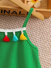 女童绿色流苏吊带连衣裙 夏季波西米亚风背心裙 小女孩时尚公主裙 - 綠色 - 查看 4