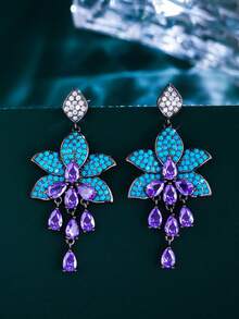 1 Đôi bông tai dáng dài hình giọt nước màu tím độc đáo đính đá Cubic Zirconia, kết hợp với hoa và lá màu xanh ngọc lam, mạ vàng đen, phụ kiện trang sức thời trang phong cách Boho dành cho nữ, thích hợp cho đám cưới, kỳ nghỉ, tiệc tùng, dạ hội. - Màu xanh lam - Xem 11