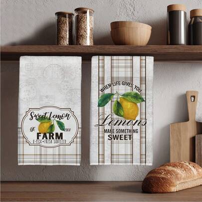 MEMNUN 2条夏季浅棕色格子水彩柠檬印花厨房毛巾，尺寸为15.75*23.62英寸（40*60厘米），超柔软吸水超细纤维洗碗布，厨房装饰，家居装饰，圣诞礼物，烹饪烘焙用手巾，厨房配件，可机洗