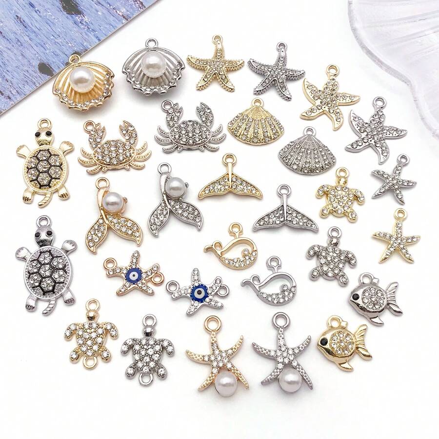 5/30 Peças Sortidas de Encantos de Animais Marinhos de Cristal e Strass, Tartaruga, Concha, Estrela-do-mar, Peixe, Pingentes Pendurados para Pulseiras, Colares, Brincos, Fabricação e Artesanato